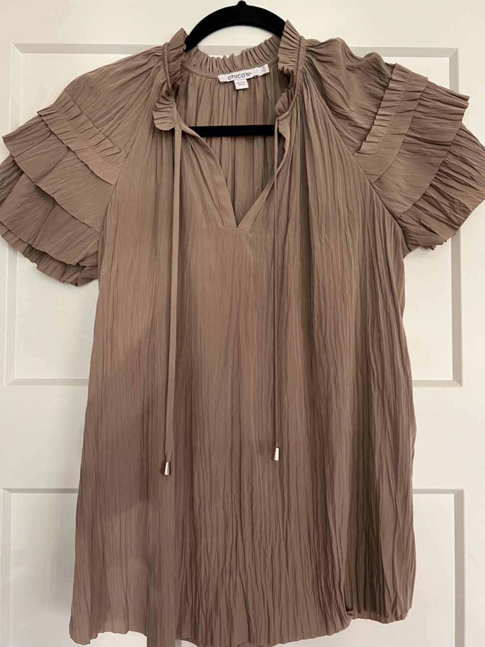 Chico's Neutral Taupe Pleated Maxi Dress with Waist Tie